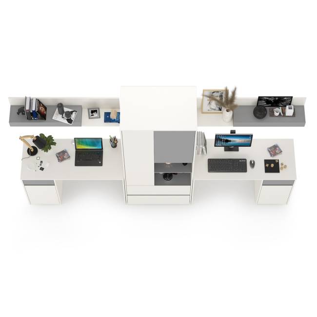 Столы компьютерные Торонто для двоих детей с полками и шкафом цвет белый шагрень/стальной серый