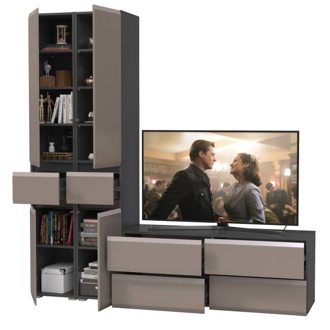 Два шкафа с ящиками и тумба под ТВ Сидней цвет антрацит/МДФ веллюто капучино Два шкафа с ящиками и тумба под ТВ Сидней цвет антрацит/МДФ веллюто капучино