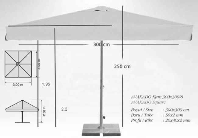 Зонт профессиональный 3х3 м Avocado серебристый, черный 3000х3000 мм