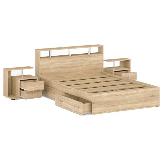 Кровать с ящиками 1400 Камелия + две тумбы цвет дуб сонома