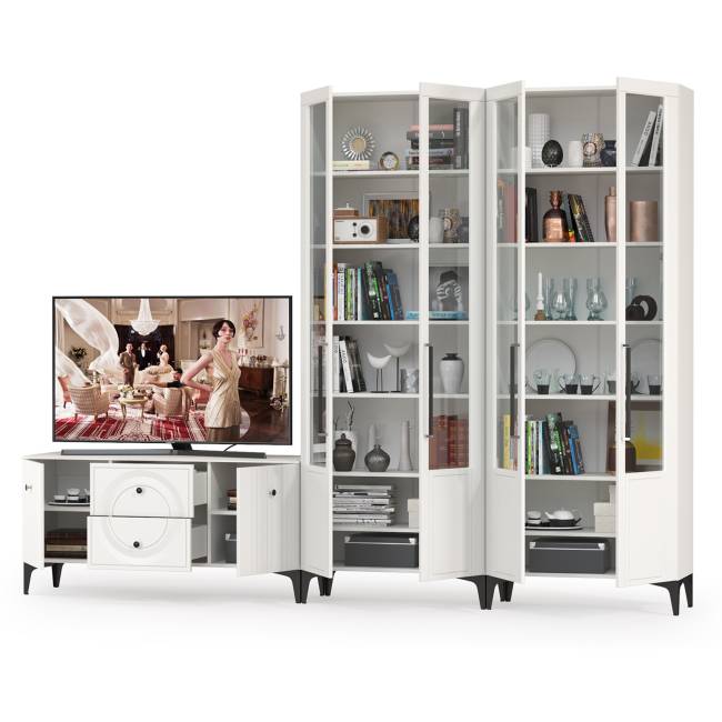 Два серванта и тумба под аппаратуру Валенсия цвет белый шагрень Два серванта и тумба под аппаратуру Валенсия цвет белый шагрень