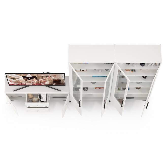 Два серванта и тумба под аппаратуру Валенсия цвет белый шагрень Два серванта и тумба под аппаратуру Валенсия цвет белый шагрень